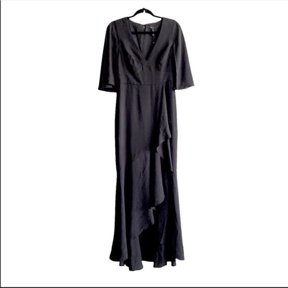 BCBGMAXAZRIA Cape Sleeve V-Neck Asymmetrical Ruffle Maxi Dress Gown Black 2 - Picture 1 of 6